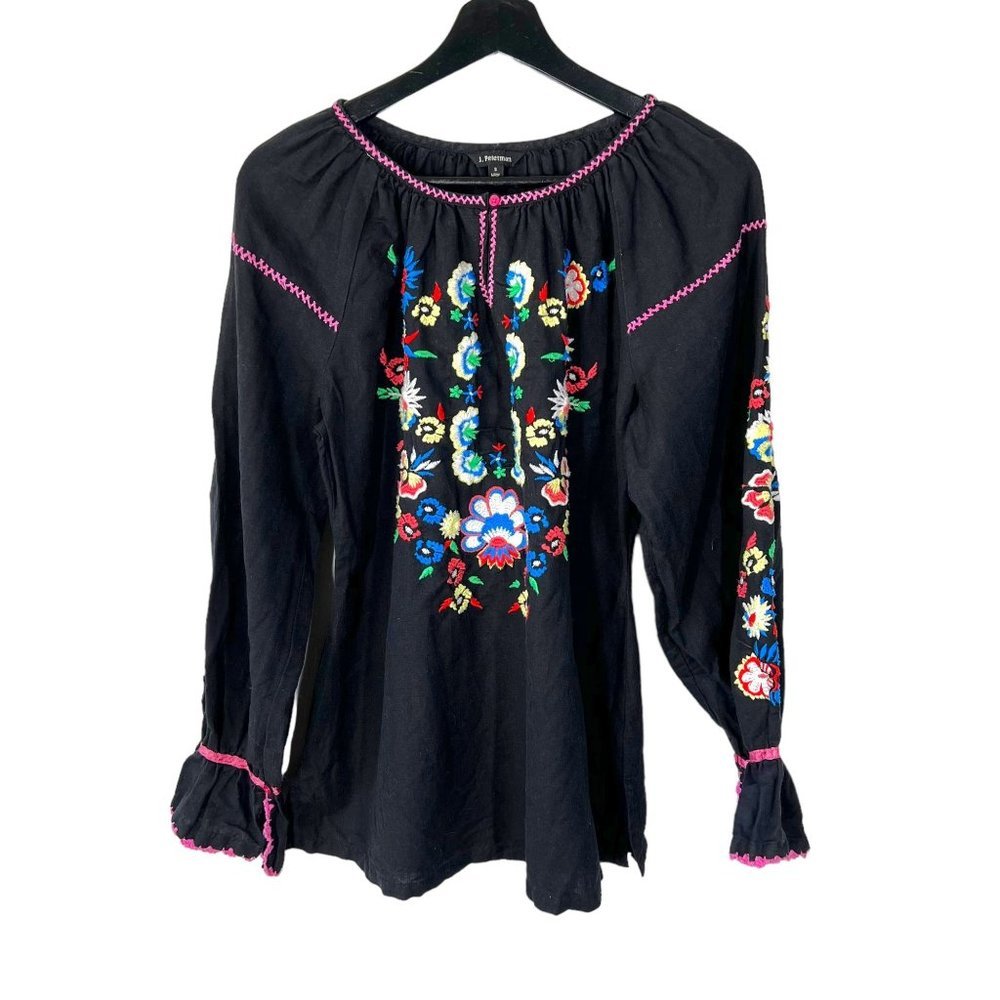J Peterman Black Multicolor Embroidered Floral Long Sleeve Linen Blend Top Small